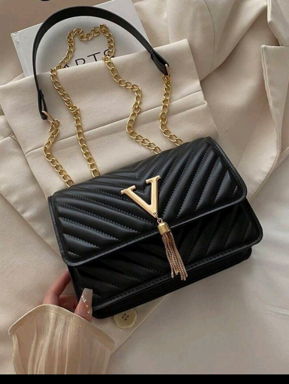 BRAND NEW ** Black Quilted Chain Shoulder Bag with Gold V Tassel